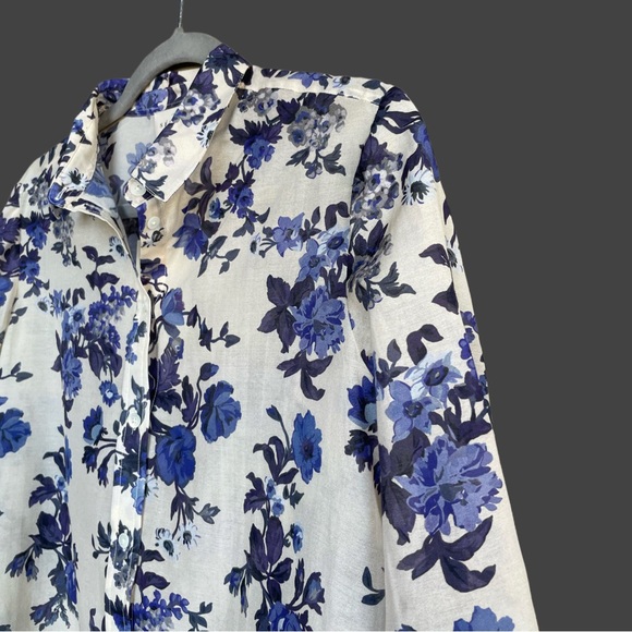 SEZANE NWT Blue & White Floral Printed Lightweight Silk Button Down Pierro Shirt - Picture 6 of 15